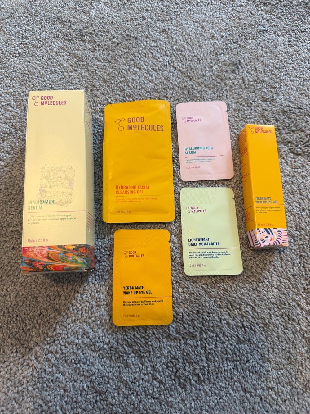 Good Molecules Skincare Lot: Niacinamide Serum, Yerba Mate Eye Gel, Samples